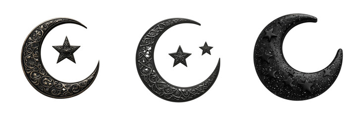 set of A 3D black moon and stars, Ramadan Islamic concept on PNG format Transparent Background