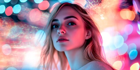 A young woman gazes thoughtfully into the camera. Bright and colorful bokeh lights create a vibrant background. This image captures a modern and stylish portrait in an artistic way. AI