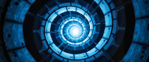Naklejka premium Cylindrical structure with glowing light, futuristic concept, upward view, metallic texture 
