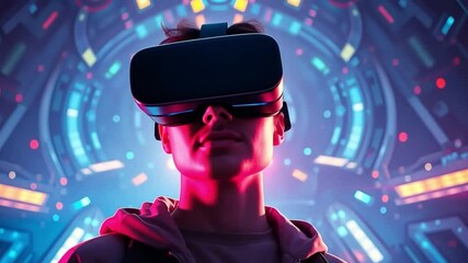 A man wearing virtual reality glasses on a futuristic background, deep teal hues, diffused shadows, visual, vision, cyberspace, tech, cyber, innovation - Powered by Adobe