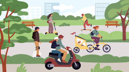 People on electric transport in city. Citizens travel by eco vehicles in park. Outdoor activity. Man driving motorbike. Woman on scooter. Electrical gyroscooter. Garish vector concept © VectorBum