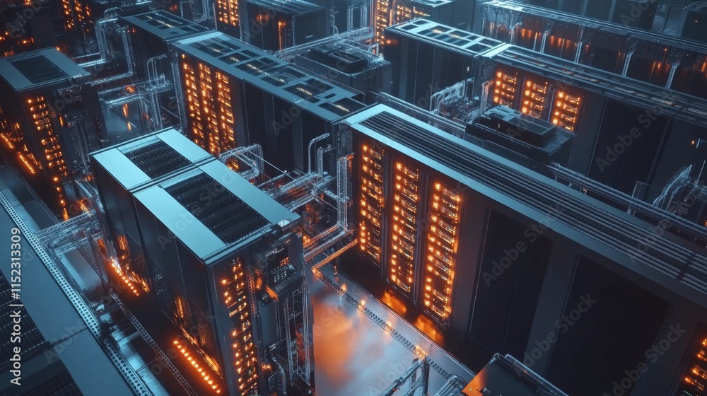 Poster exploring advanced data centers technology hub 3d render high-tech environment aerial view cyber inf