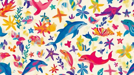 Vibrant underwater scene with dolphins and sea life tropical ocean digital art colorful environment aesthetic viewpoint