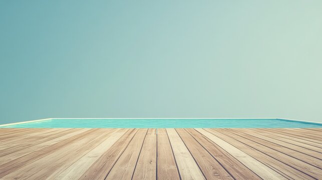 Empty wooden deck with swimming pool , Beautiful minimalist pool side view with clear blue sky . Vintage filter color apply