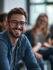 Obraz premium Professional Businessman Smiling at Students in Classroom