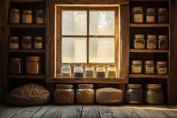 This cozy space features jars and containers filled with various seeds, showcasing effective seed storage methods. The warm light enhances the rustic charm of the room.