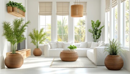 Fototapeta premium A bright living room with white walls natural wood accents and modern furniture Large windows let in plenty of sunlight