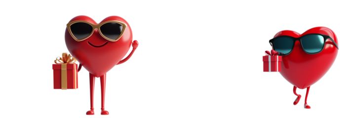 set of A 3D cartoon of a heart wearing sunglasses and holding a gift, against, on PNG format Transparent Background