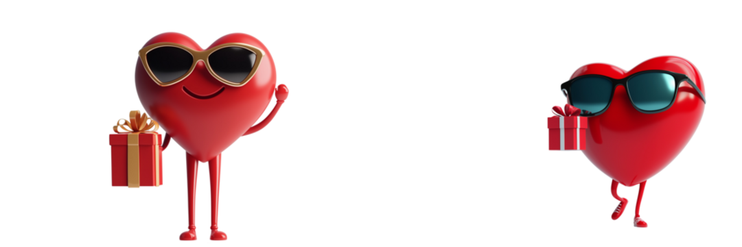 set of A 3D cartoon of a heart wearing sunglasses and holding a gift, against, on PNG format Transparent Background - Powered by Adobe