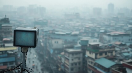 Urban surveillance foggy cityscape outdoor photography metropolitan environment elevated perspective modern society