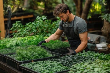 A person is carefully tending to various plants in a lush greenhouse. This seed planting kit offers an ideal starting point for growing fresh herbs and greenery at home.