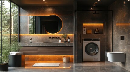 Modern luxury bathroom with dark marble, wood vanity, and integrated washer.