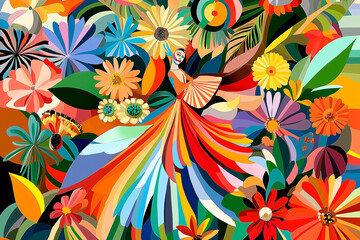 
A fusion of Brazilian Carnival imagery: bold neon lights, traditional samba school performances, swirling skirts, painted faces, tropical flowers, and iconic Rio landmarks like Sugarloaf Mountain 