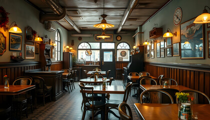 Fototapeta premium Interior of old restaurant with vintage decor, wooden furniture and retro details inside, detailed, with white tones
