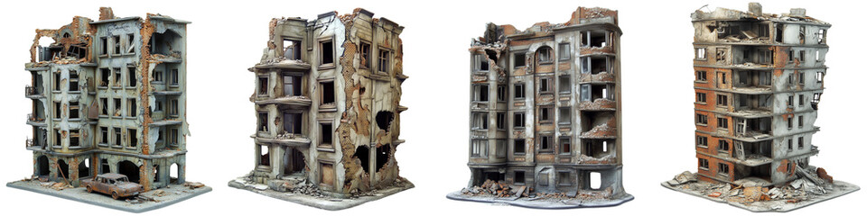 set of A apartment building, ruins diorama, PNG format Transparent Background