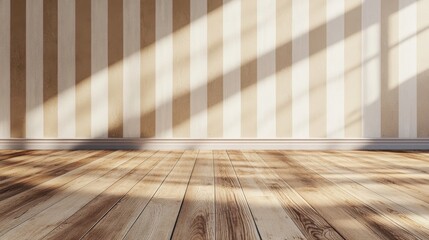 Vintage oak floor and striped vinyl wallpaper in empty living room. Concept Interior Design, Vintage Decor, Oak Flooring, Striped Wallpaper