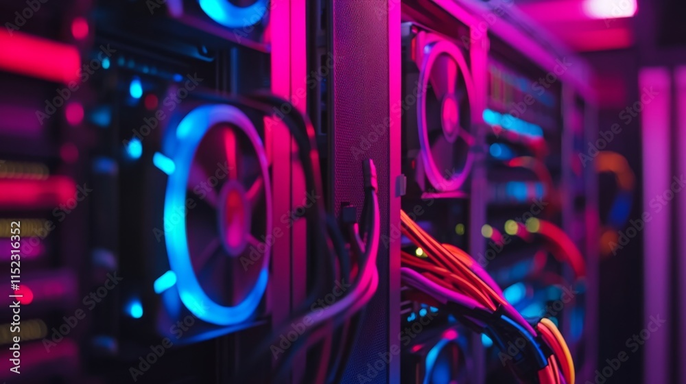 Poster high-tech server room setup data center technology infrastructure neon lighting close-up view modern
