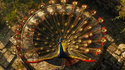 A peacock seen from above, its mesmerizing feather display spread like a colorful mandala