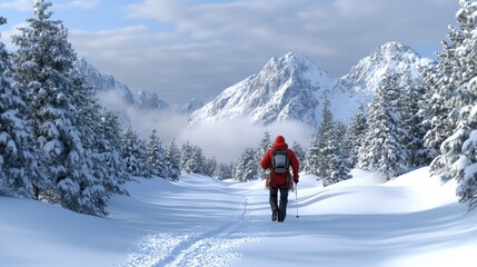 A hiker in a bright red jacket walks along a snowy trail surrounded by tall evergreen trees and majestic mountains. The picturesque winter scenery enhances the adventure spirit