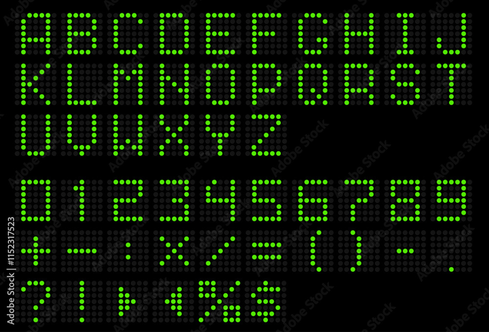 Fototapete led display green font. dot digital alphabet. electronic letters and numbers. scoreboard abc. inform