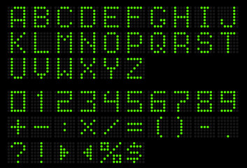 Led display green font. Dot digital alphabet. Electronic letters and numbers. Scoreboard ABC. Information board. Uppercase text icons and punctuation marks. Alphabetical symbols vector set