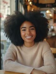 Fototapeta premium Urban Barista with Curly Hair and Smile, Sitting at a Table.