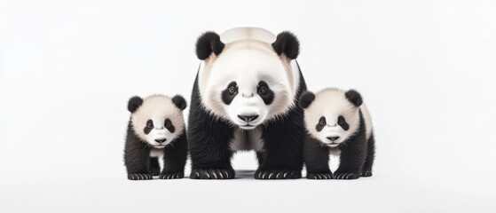 a mother panda with two panda cubs