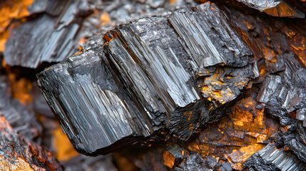 Lignite ore in a mine with its distinctive black-brown appearance, lignite ore in its natural unprocessed state, which is used as fuel in various industries.