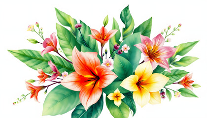 Watercolor of Tropical spring floral green leaves and flowers s isolated on transparent png background, bouquets greeting or wedding card decoration, with, smooth light, with white tones