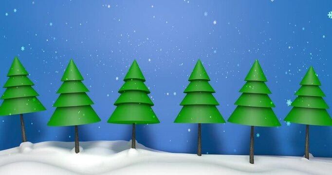 Falling snowflakes on the background of green spruce trees animation.