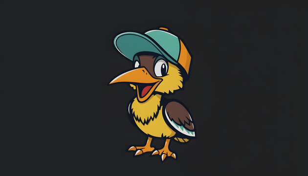 vintage cartoon bird mascot in a trucker hat, retro logo design, graphic novel art, with white tones