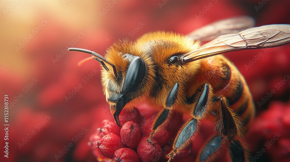 Poster A close-up portrait of a honeybee collecting pollen from a vibrant red flower, showcasing intricate details and highlighting the importance of pollinators.
