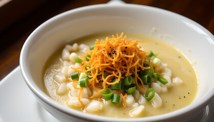 Creamy soup with crispy garnish and green onion topping