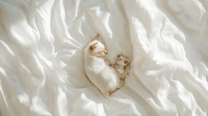 Cats cuddling in cozy bed indoor home environment warm and comforting scene top view adorable pet bonding moments