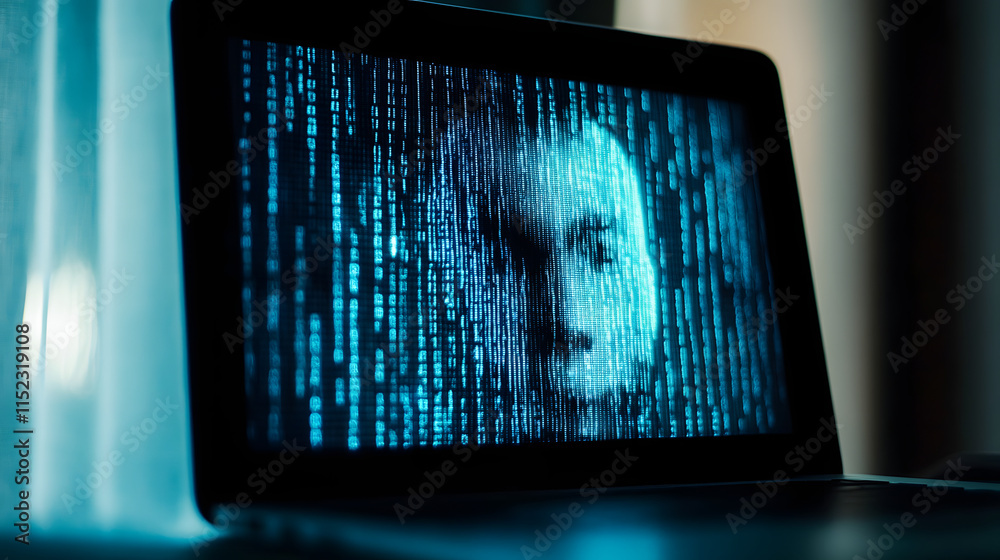 Poster a close-up shot of a laptop screen displaying a face formed by cascading lines of blue code. the ima