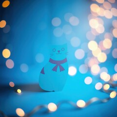 bokeh blue of  Festive cat icon surrounded by light spots on a vibrant blue background for celebration theme  abstract bokeh light background bright   emotional harmonious vignette 