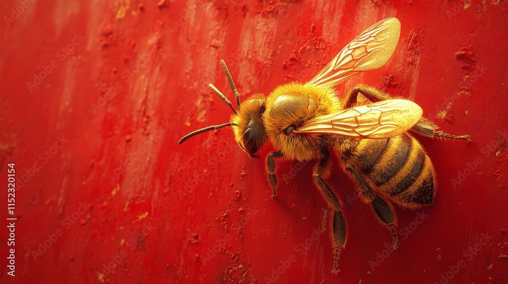 Aufkleber a close-up of a honeybee perched on a vibrant red surface, showcasing intricate details like its fuz