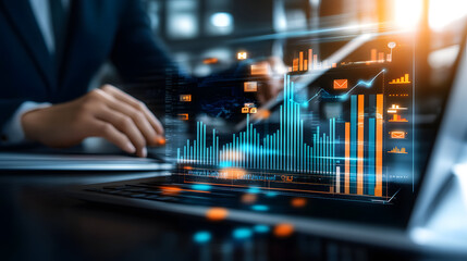 Close-up of a businessman's hands interacting with a laptop displaying dynamic financial data and graphs.  The image conveys concepts of technology, finance, and data analysis.