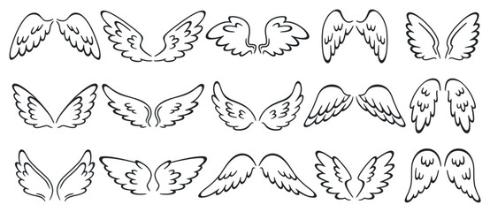 Hand drawn angel wings. Graphic silhouette holy icons. Decorative flying elements. Bird limbs with feathers. Simple lines. Angelic innocence aureole. Celestial saint. Recent vector set