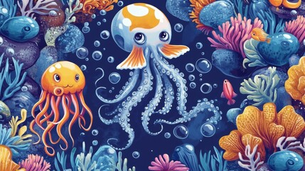 Obraz premium Underwater adventure colorful jellyfish encounter in vibrant coral reef marine art illustration fantasy bright whimsical