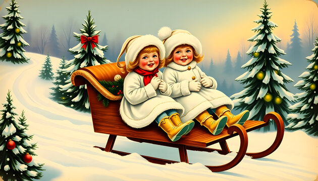 Vintage Christmas Postcard Greeting card, two happy young girls, white coats and boots, on an old fashion wooden sled, evergreen trees and cabon, Colored gel lighting