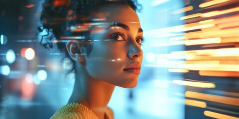A thoughtful woman stares into a futuristic world filled with vibrant colors and dynamic light trails. This image captures the essence of technology and innovation. 