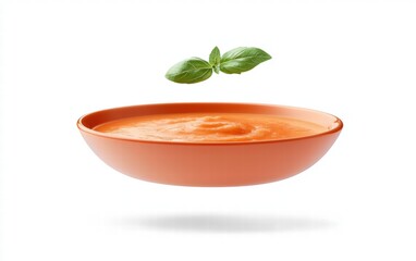 A creamy tomato soup bowl levitating mid-air with basil garnish, isolated on a bright white background
