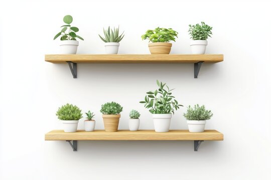 A clean 3D vector illustration with wooden shelves filled with various small pots of plants The background is white and