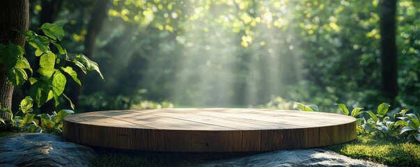Round wooden podium in forest with sunlit background