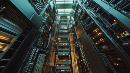 Obraz premium Data center operations modern facility industrial infrastructure high-tech environment upward perspective future of technology
