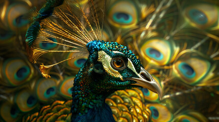 Obraz premium A stunning golden peacock displays its vibrant, shimmering feathers in a breathtaking display of beauty.