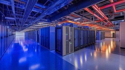 Data center operation showcase modern facility high-tech environment blue lighting professional viewpoint efficiency concept