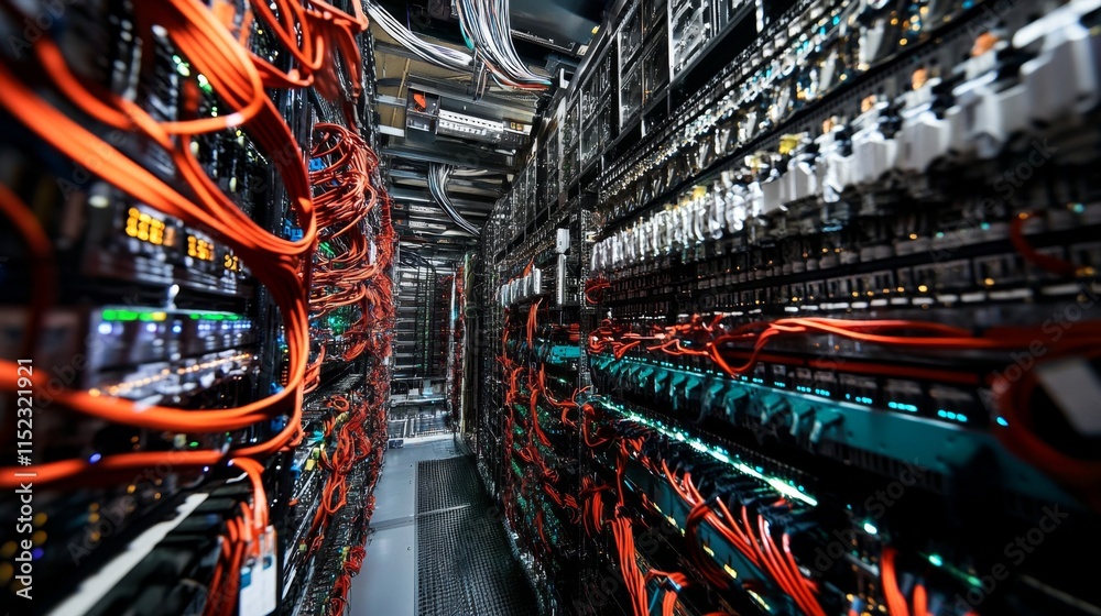 Poster data center operations technology hub infrastructure management digital environment close-up view ne