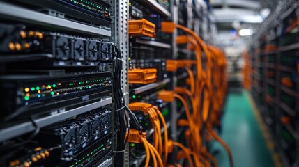 Naklejka premium Data center operations technology hub high-tech infrastructure server room environment close-up view digital connectivity insights